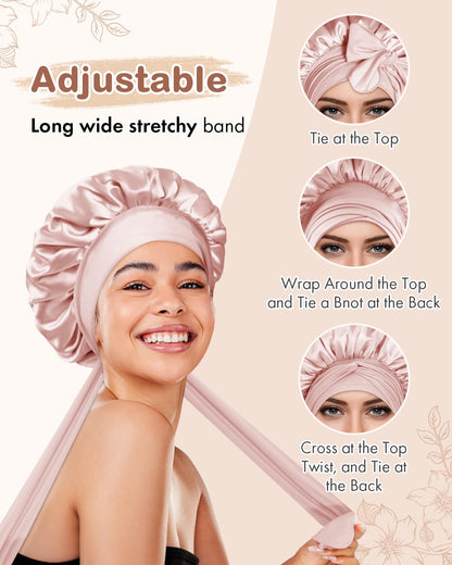 BONNET QUEEN Silk Bonnet for Sleeping for Women Satin Bonnet Night Cap for Curly Hair with Tie Band, Single Layer, Cream Pink