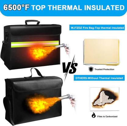 6500°F Fireproof Document Bag with Lock-Fireproof Box with 10 Layers Insulation Materials&Waterproof Zipper,Removable Wallet,Reflective Strip for Cash,Documents,Jewelry(14.2”x 9.6”x 4.1”)