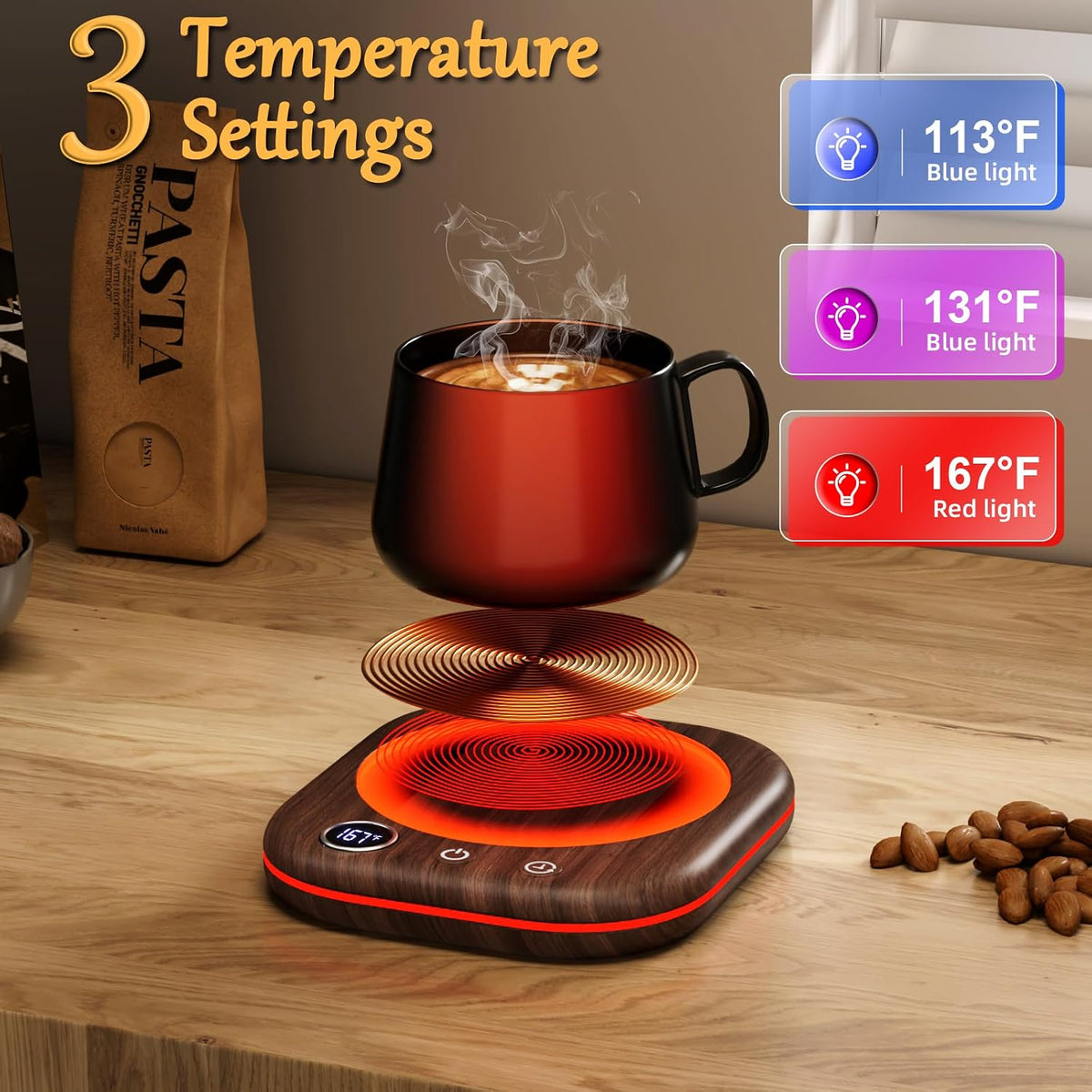 Mug Warmer Upgraded,Coffee Mug Warmer for Desk LEDs Light 3 Temp Settings (113-167°F) 1-12H Timer 4 H Auto Shut Off Beverage Cup Candle Warmer for Coffee Tea Milk(Black)