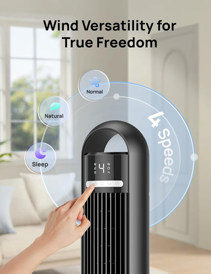 DREO Tower Fan for Bedroom, 90° Oscillating Standing Fans for Room with 4 Speeds, 3 Modes, 28dB Quiet for Sleep, 26ft/s Velocity, 8H Timer, Remote, Living Room, Office, Home, Black