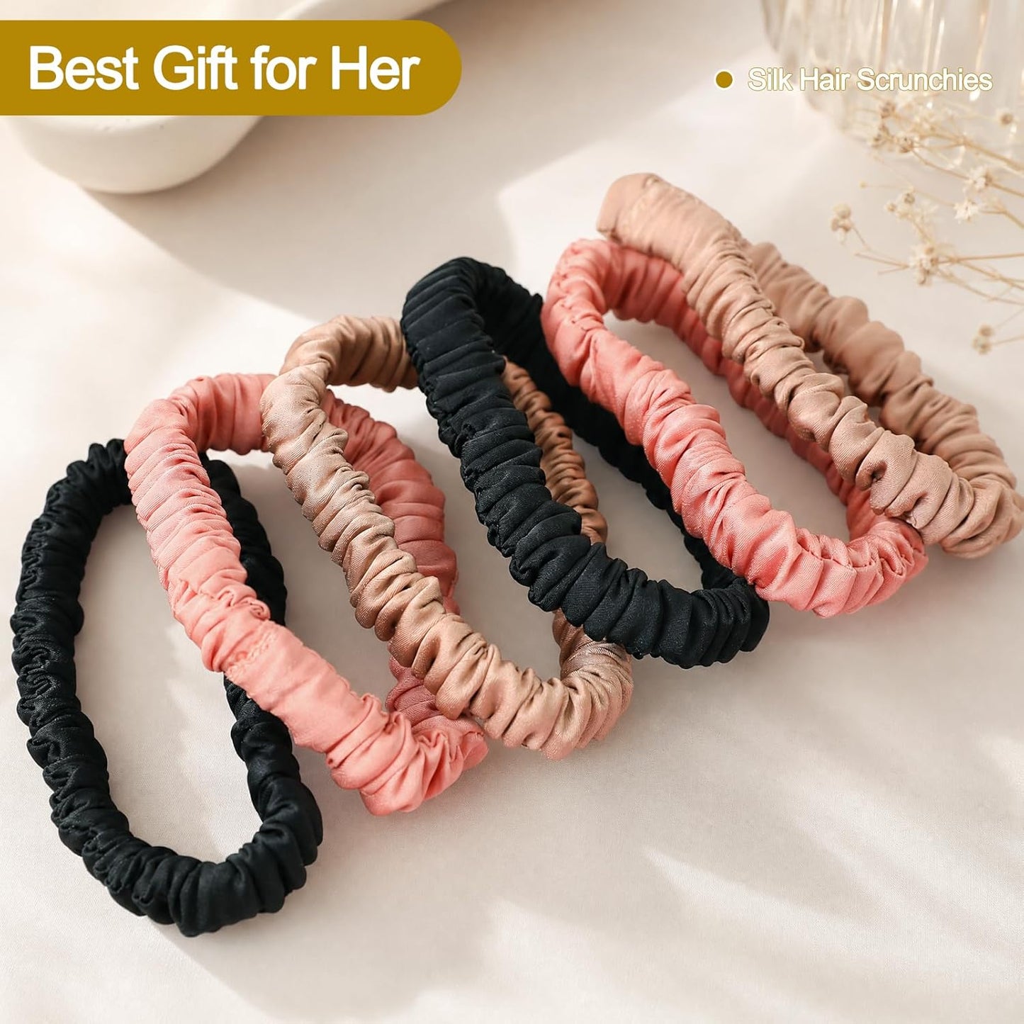 6Pcs Silk Hair Ties 100% Pure Mulberry Silk Scrunchies for Women Girls | No Hair Crease, Anti Frizz, Gentle Hold, No Damage, Black Brown Pink