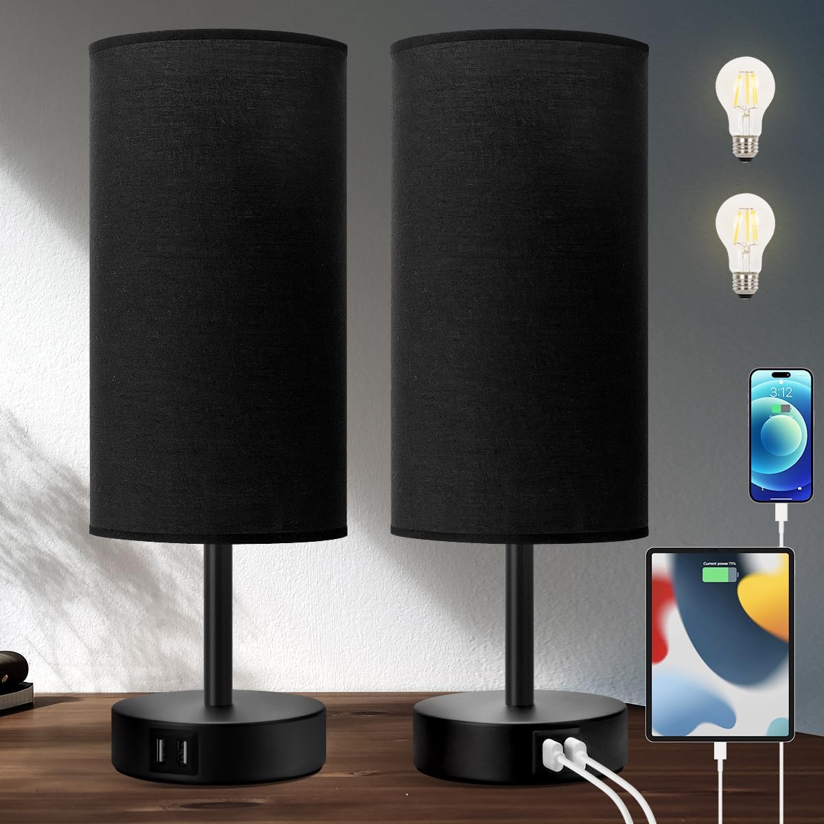 Yarra-Decor Bedside Lamps with USB Port - Touch Control Table Lamp for Bedroom Wood 3 Way Dimmable Nightstand Lamp Set of 2 with Round Flaxen Fabric Shade for Living Room, Dorm, Home Office (2 Pack)