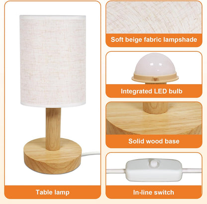 Touch Bedside Table Lamp - Stepless Dimming USB Powered, Minimalist Wood Base Linen Shade, 2700K Warm Light for Bedroom Nightstand Nursery Dorm Small Spaces, 5W LED 50K Hrs (No Bulb Replacement)