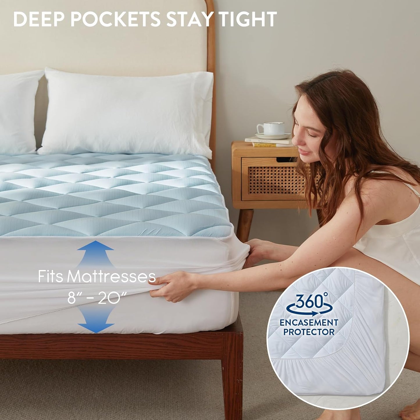 SureFit Queen Size Cooling Mattress Topper, 1/2 Inch Gel-Infused Memory Foam Mattress Pad, Breathable Ventilated Design, Light Soft Comfort for Hot Sleepers, Deep Pocket 8-20 Inch