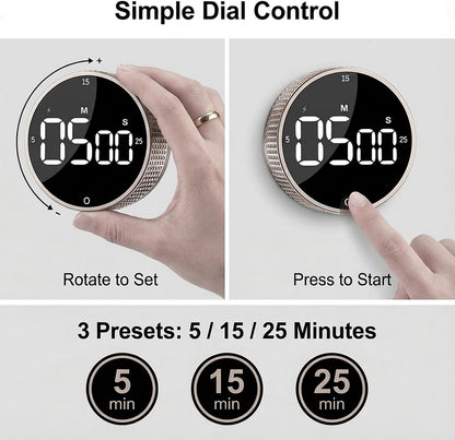 Rechargeable Magnetic Kitchen Timer, LED Countdown/Count-Up Timer, Supports USB-C Charging, with Loud Alarm, 3 Preset Quick Times (5/15/25m), Perfect for Kitchen Cooking, Studying, and Fitness