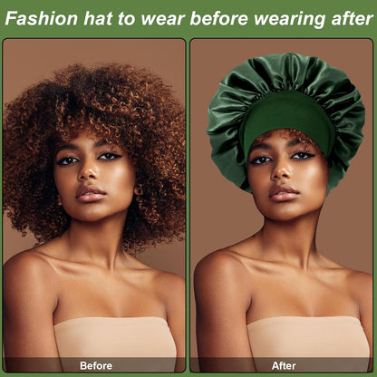 4PCS Silk Satin Bonnets for Black Women & Men - Elastic Wide Band Hair Wrap Cap for Curly Hair - Shower Cap for Sleeping (Black, Peacock Blue, Pink, Khaki)
