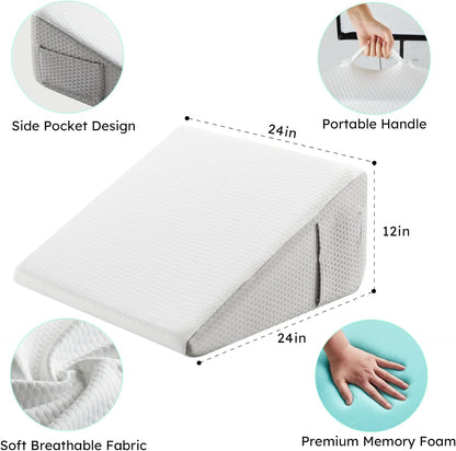 Bedluxe Wedge Pillow, 10 inch Bed Wedge Pillow for Headboard, Pillow Wedge for Acid Reflux Relief, Sleeping, Back Pain Relief, Snoring, Triangle Pillow Wedge, White/Grey