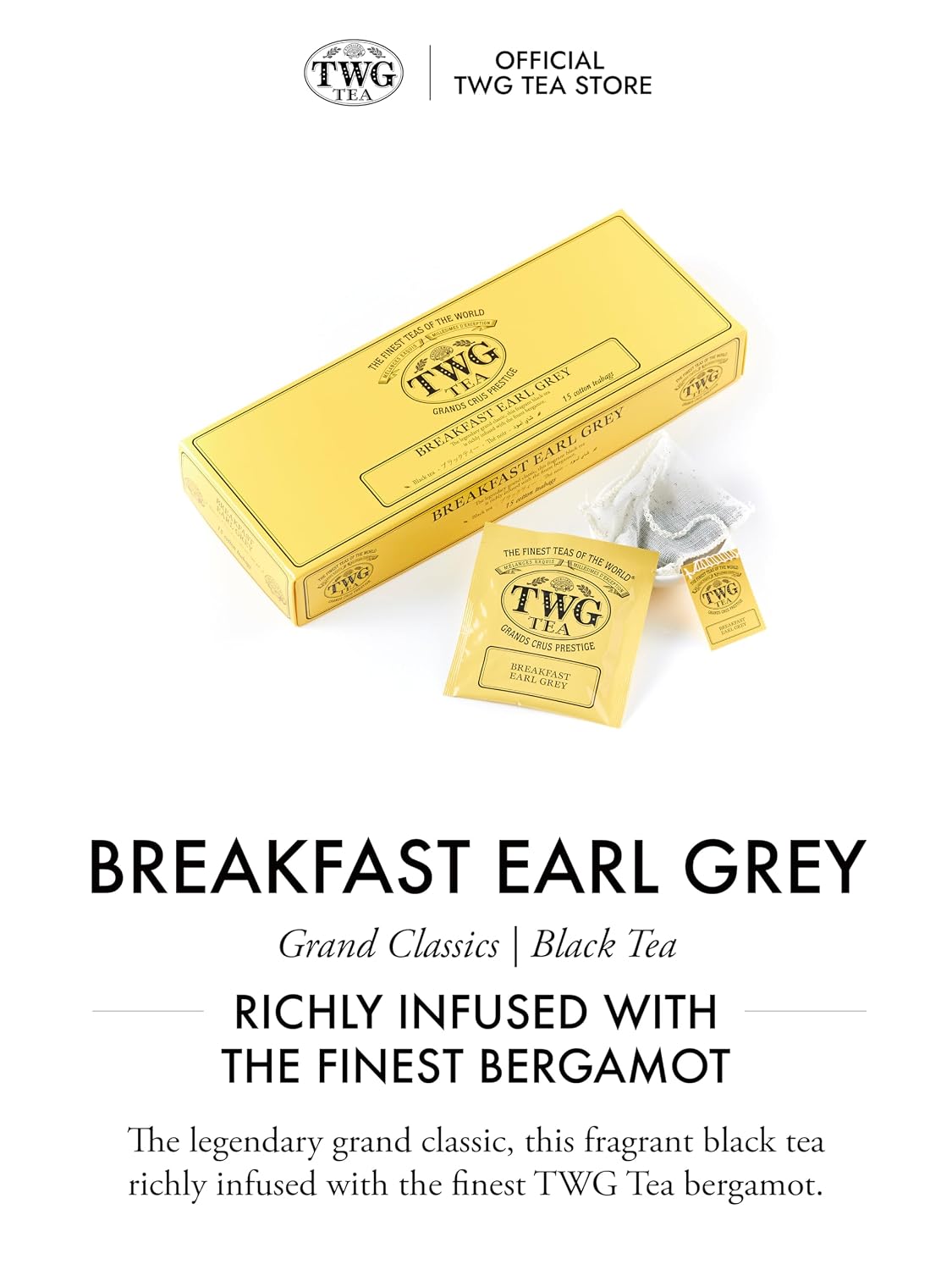 TWG Tea | Breakfast Earl Grey | Black Tea | Bergarmot | 15 Hand Sewn Cotton Teabags | Gift Set