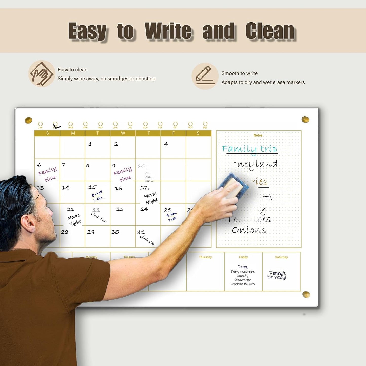 Black Glass 3-1 Monthly Dry Erase Calendar Whiteboard for Wall,24"x 36",Frameless Mounting,Office/School/Home, Frameless Large Planner White Board