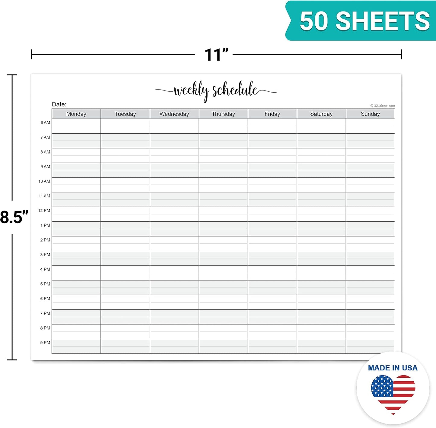 321Done Weekly Schedule Planning Notepad - 50 Sheets 11x17 Size - Mon-Sun Hourly Appointment Productivity Weekly Planner Tear-Off Note Pad, Made in USA