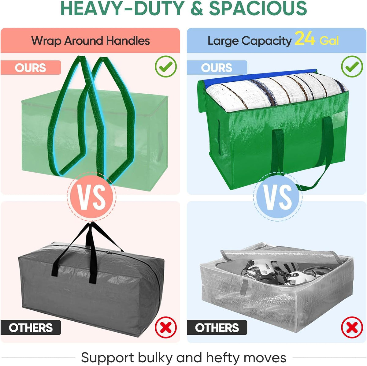 BALEINE Oversized Moving Bags with Reinforced Handles, Heavy-Duty Storage Tote for Clothes, Moving Supplies (Clear)