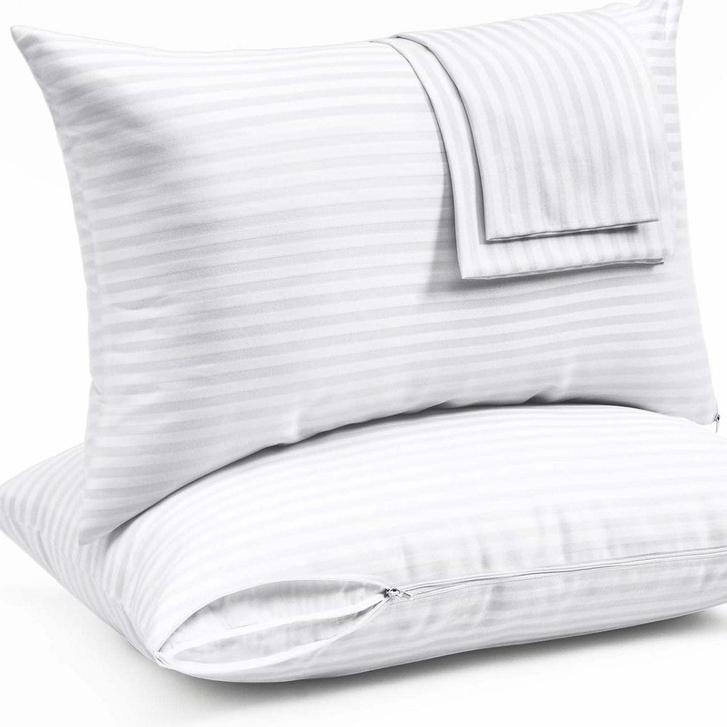 Ultra Soft Pillow Protectors with Zipper Standard Size - Set of 8 Breathable Pillow Covers - 100% Protection Against Stains, Dust & Dirt - Machine Washable (White)
