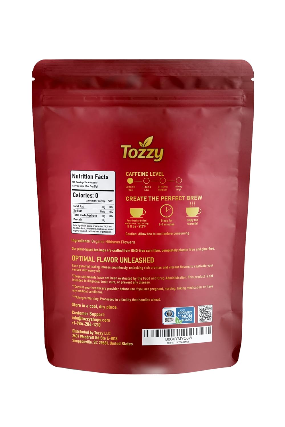 Tozzy Organic Hibiscus Tea, 100 Pyramid Tea Bags