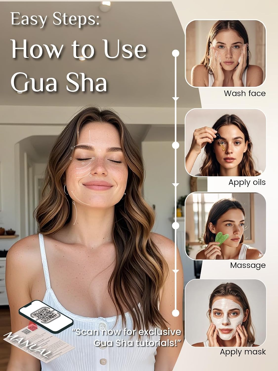 Rena Chris Gua Sha Facial Tools: Jade Stone Guasha Tool for Face Acupuncture Therapy, Facial Massager for Jawline Sculpting and Puffiness Reducing (Green)