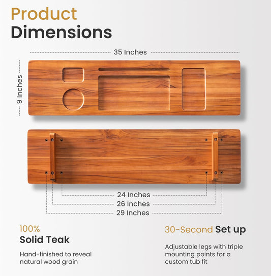 35 Inch Teak Bathtub Tray for Freestanding Tubs, Luxury Bath Caddy