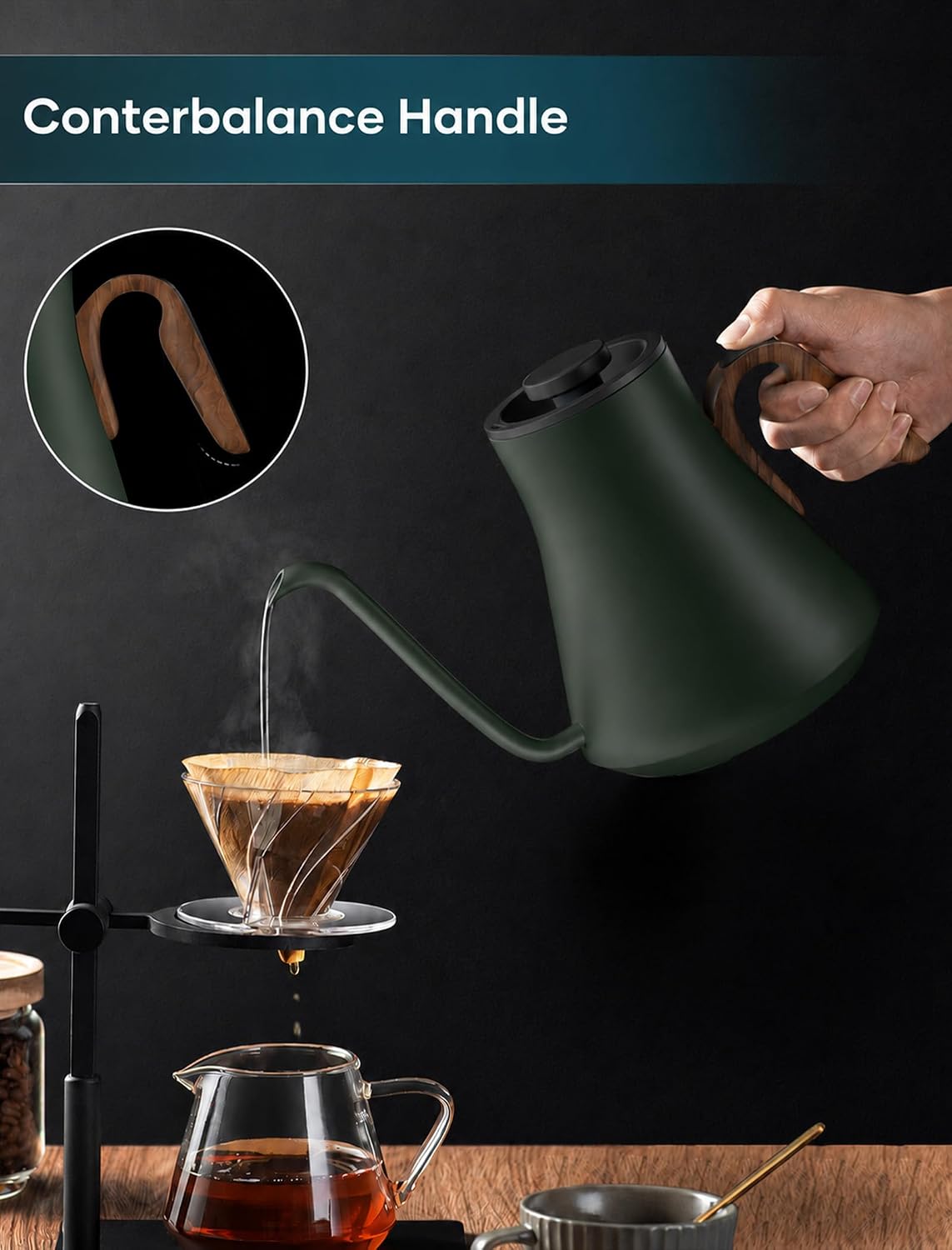INTASTING Electric Kettle, Gooseneck Electric Kettle, ±1℉ Precise Temperature Control, Stainless Steel Interior, Quick Heating for Pour Over Coffee, Tea & Boiling Water, 0.9L (Black)