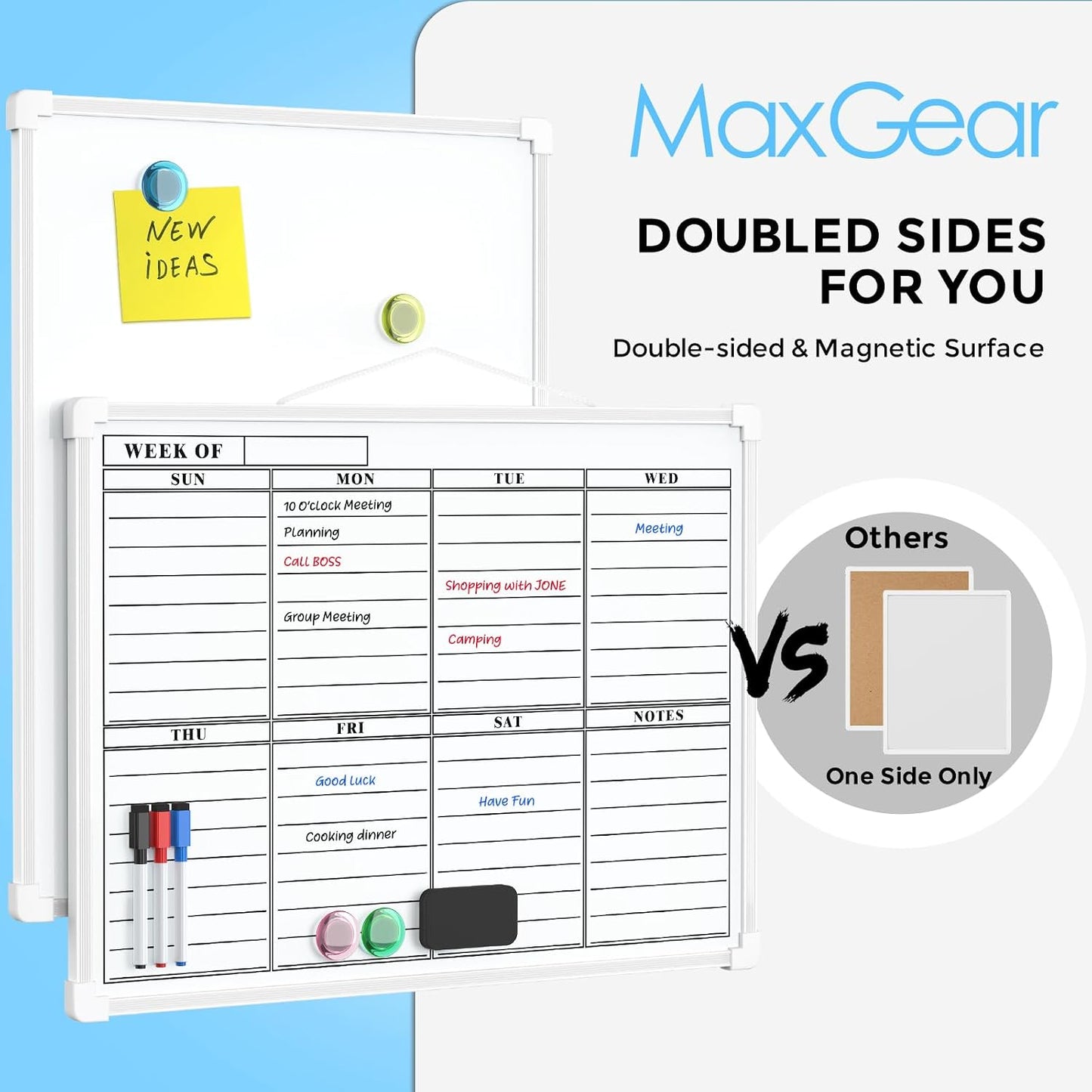 MaxGear Monthly Calendar Dry Erase Board for Wall, 16"x12", White Frame | Double-Sided, Hanging Small White Board, Portable Whiteboard for Planning, Drawing, Memo, to Do List, Home, Kitchen, Office