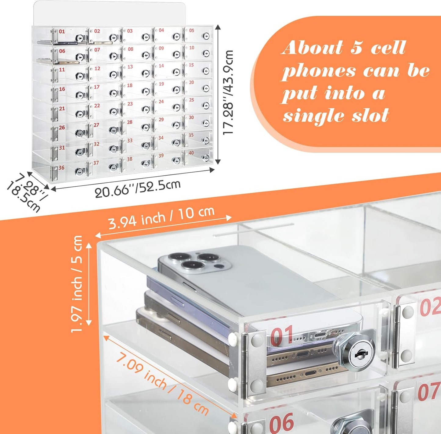 Threan 12 Slot Cell Phone Storage Box, Acrylic Clear Cell Phone Storage Cabinet Wall Mounted with Door, Locks and Keys for Office School Factory