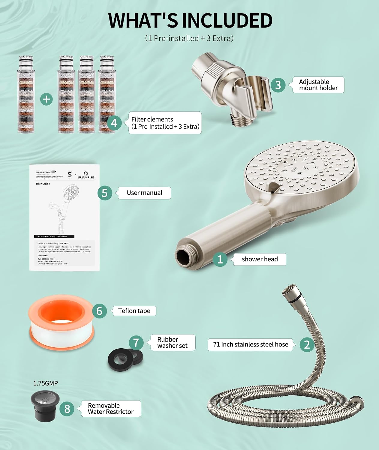 SR SUN RISE Filtered Shower Head with Handheld High Pressure 9 Spray Mode Showerhead Detachable Shower Head Water Softener Filters Beads for Hard Water Remove Chlorine 1 Filter Chrome