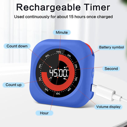Rechargeable Digital Kitchen Timer for Cooking, Magnetic Timers with Countdown/up, Kids Timer with 5”LED Display 3 Brightness 4 Volume Adjustable for Classroom/Office/Home/Work/Fitness/Game（Blue）