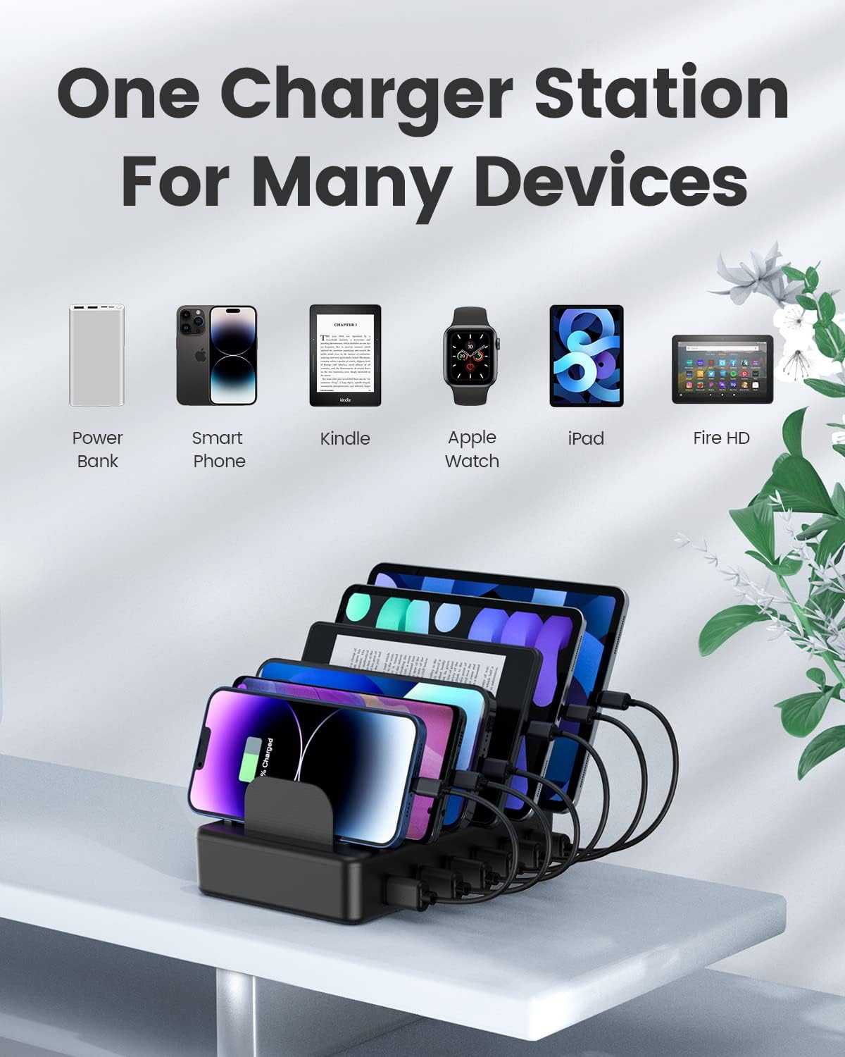 50W 6 Ports Multi Charger Station, USB Charging Dock for Multiple Devices