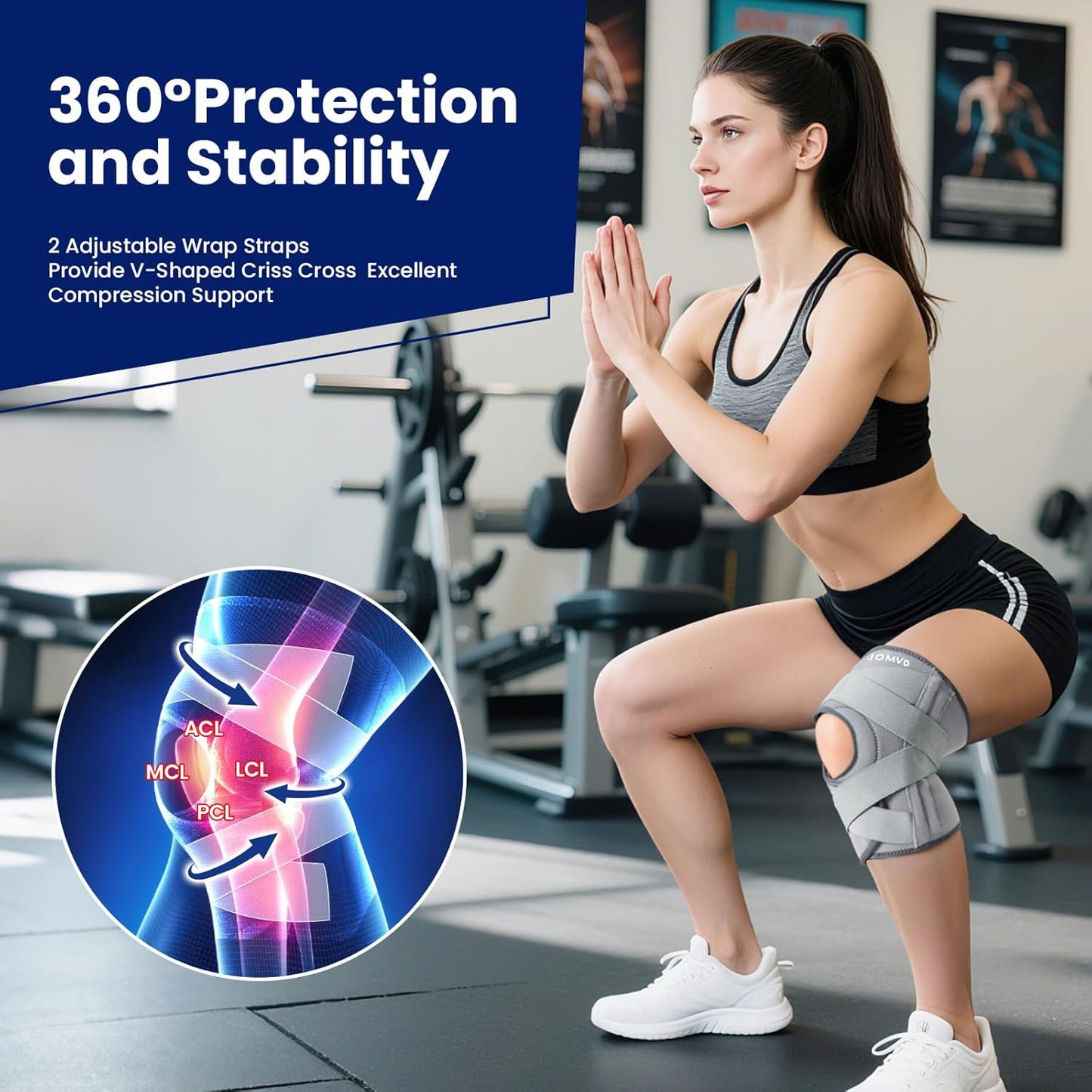 JOMVD Knee Brace for Knee Pain, Meniscus Tear, Adjustable Knee Support with Side Spring Stabilizers for ACL, MCL, Arthritis, Patella Stability, Knee Pain Relief, Injury Recovery, Women and Men, Medium