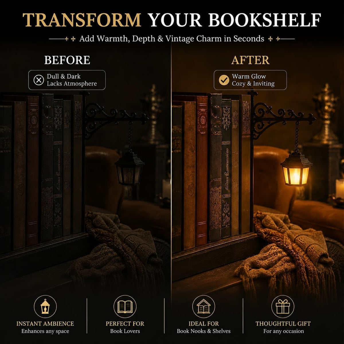 Library Lantern-Decorative Bookshelf Lighting, Mini Bookshelf Lamp Slides Between Books, Warm Amber LED Nook Light & Bookshelf Lantern for Book Nook, Shelf Decor Gift for Book Lovers(Reading Ghost)