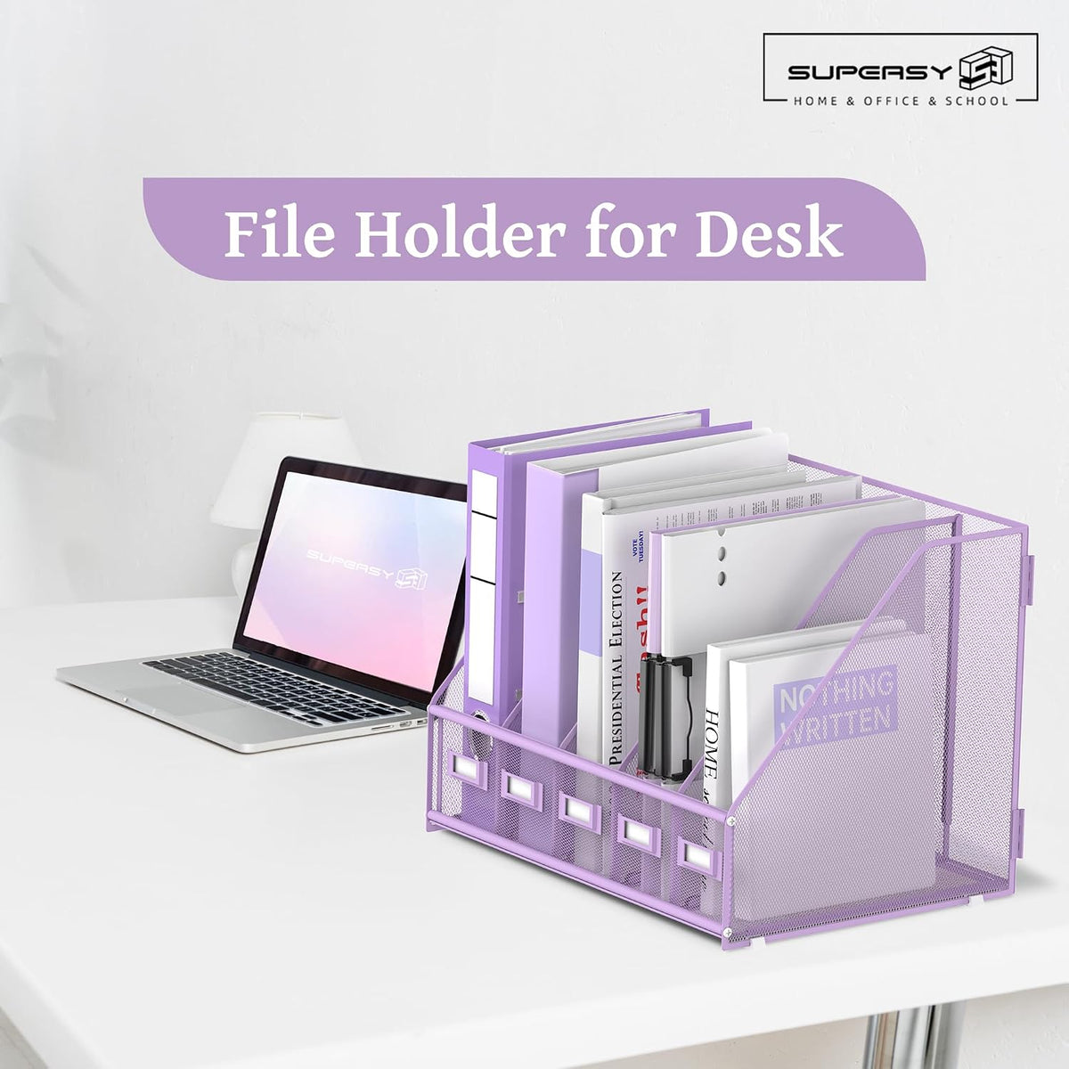 SUPEASY Desk Organizers Metal Desk Magazine File Holder with 5 Vertical Compartments Rack File Organizer for Office Desktop, Classroom, Home Workspace, Black