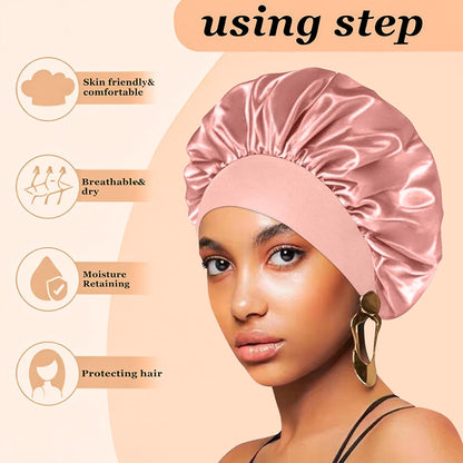 4PCS Silk Satin Bonnets for Black Women & Men - Elastic Wide Band Hair Wrap Cap for Curly Hair - Shower Cap for Sleeping (Black, Peacock Blue, Pink, Khaki)