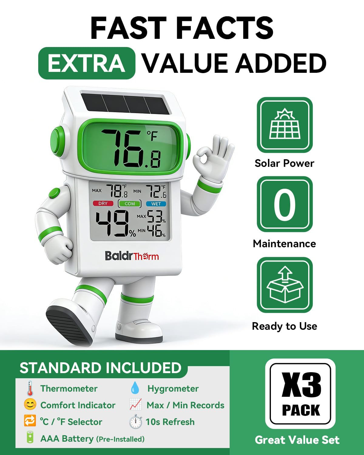 BALDR Indoor Thermometer Hygrometer, Solar Power with Battery Backup, Large Display, Daily Max/Min & Comfort Indicator Humidity Meter (White)