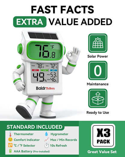 BALDR Indoor Thermometer Hygrometer, Solar Power with Battery Backup, Large Display, Daily Max/Min & Comfort Indicator Humidity Meter (White)