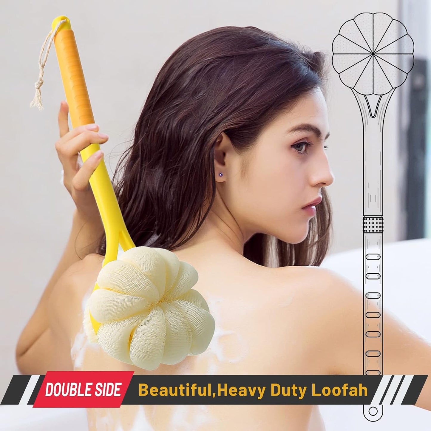 Shower Body Brush,Soft Bristles and Beautiful Pumpkin Loofah 14” Long Handle Back Scrubber Bath Mesh Sponge for Skin Exfoliating Bath,Massage Bristles Suitable for Wet or Dry,Men and Women (Grey)