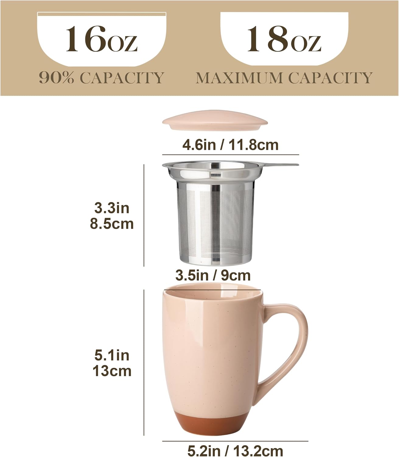 MALACASA Ceramic Tea Mug with Lid and Stainless Steel Infuser, 18 oz Large Tea Cup for Loose Leaf Tea, Heat-Resistant, Microwave & Dishwasher Safe, Speckled Glaze Coffee & Tea Brewer Mug, Khaki White
