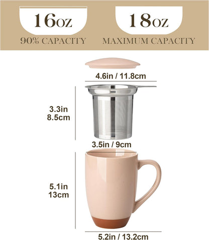 MALACASA Ceramic Tea Mug with Lid and Stainless Steel Infuser, 18 oz Large Tea Cup for Loose Leaf Tea, Heat-Resistant, Microwave & Dishwasher Safe, Speckled Glaze Coffee & Tea Brewer Mug, Khaki White