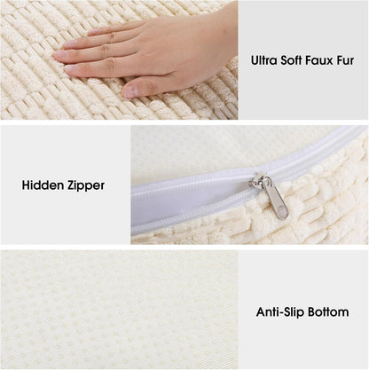 HOMBYS Unstuffed Ottoman Pouf Cover,Round Faux Fur Foot Stool, Fuzzy Chair, Floor Bean Bag(No Filler),Foot Rest with Storage for Living Room, Bedroom, Office, Striped Tufted (Beige)