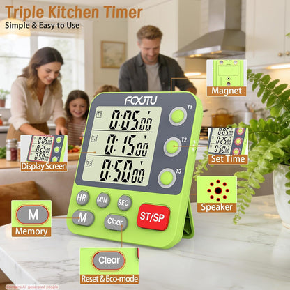 Digital Dual Kitchen Timer, 3-Channel Magnetic Countdown Timer for Cooking