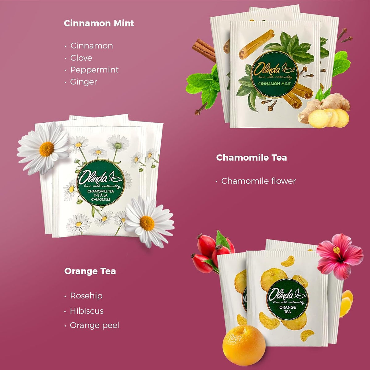 Olinda Healing Flowers & Roots Gift Box Natural Caffeine Free Tea Herbal Tea Bags Healthy Beauty Tea Wellness Stress Relief Tea Sampler Gift Set Premium 9 Vareity Individually Wrapped 45 Tea Bags 1 Tea Gift Box for Women