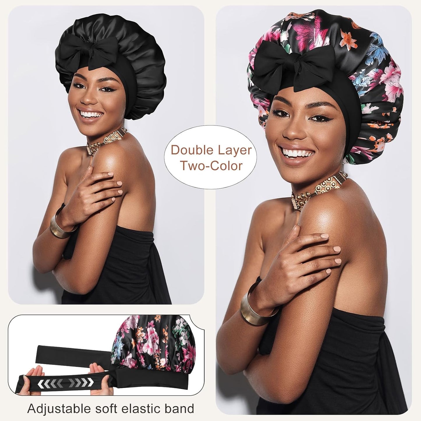 Satin Bonnet for Sleeping Cap Double Layer Hair Bonnet with Elastic Tie Band for Curly Hair Night Cap (Bean Paste + Pink)