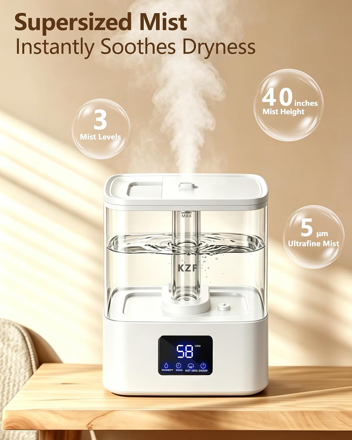 KZF 4L Top Fill Humidifiers for Bedroom & 40H Runtime - Cool Mist Humidifier, 3 Mist Levels, 8H Timer, Essential Oil Tray, Humidity Display, Quiet for Baby, Plants, Large Room (Black, 4, Liters)