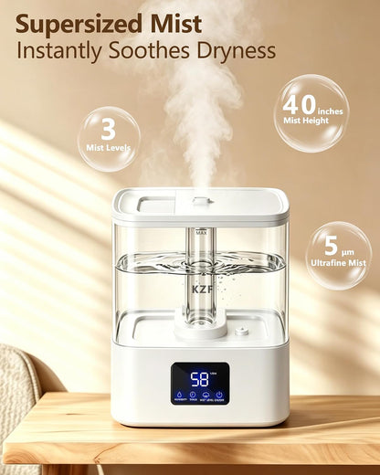 KZF 4L Top Fill Humidifiers for Bedroom & 40H Runtime - Cool Mist Humidifier, 3 Mist Levels, 8H Timer, Essential Oil Tray, Humidity Display, Quiet for Baby, Plants, Large Room (Black, 4, Liters)