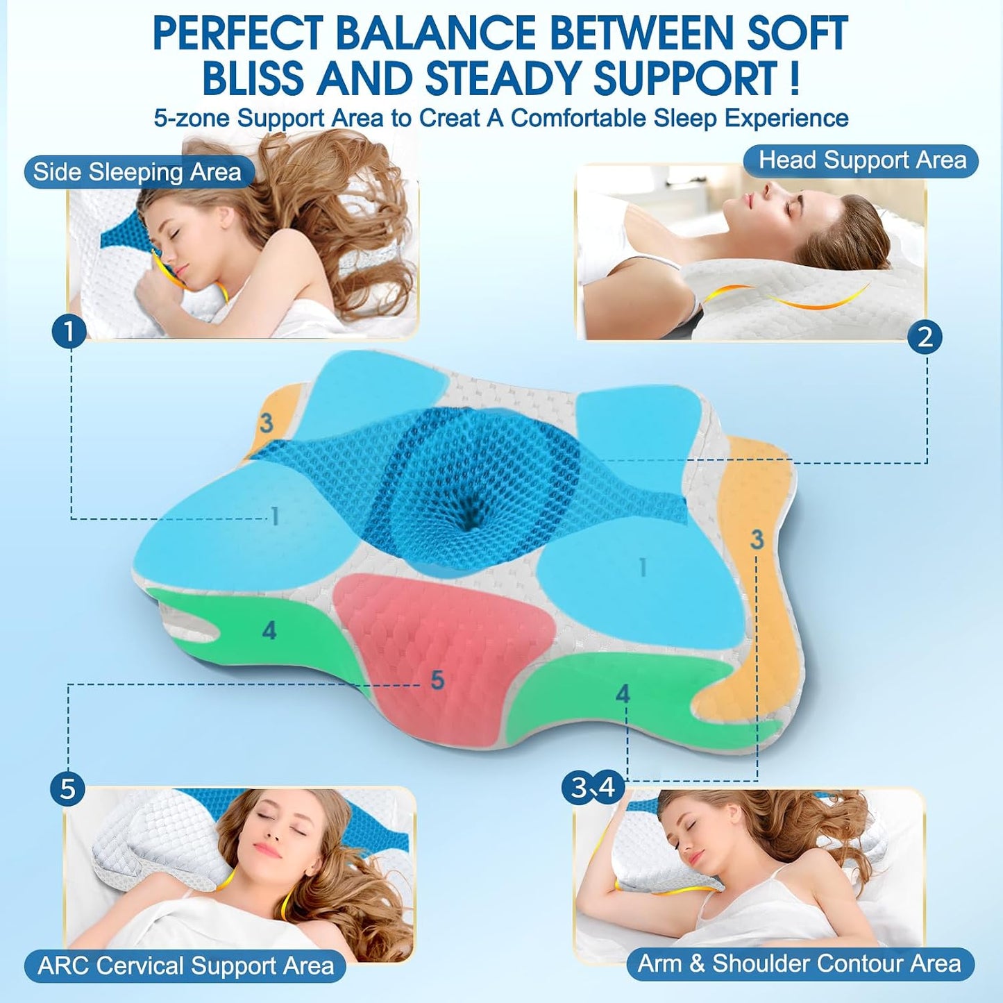 CHxxy Cervical Neck Pillow for Pain Relief Sleeping, Memory Foam Pillows, Ergonomic Side Sleeper Pillows, Cooling Orthopedic Neck Support Pillow for Back Stomach Sleepers-Queen Size Grey&Grey