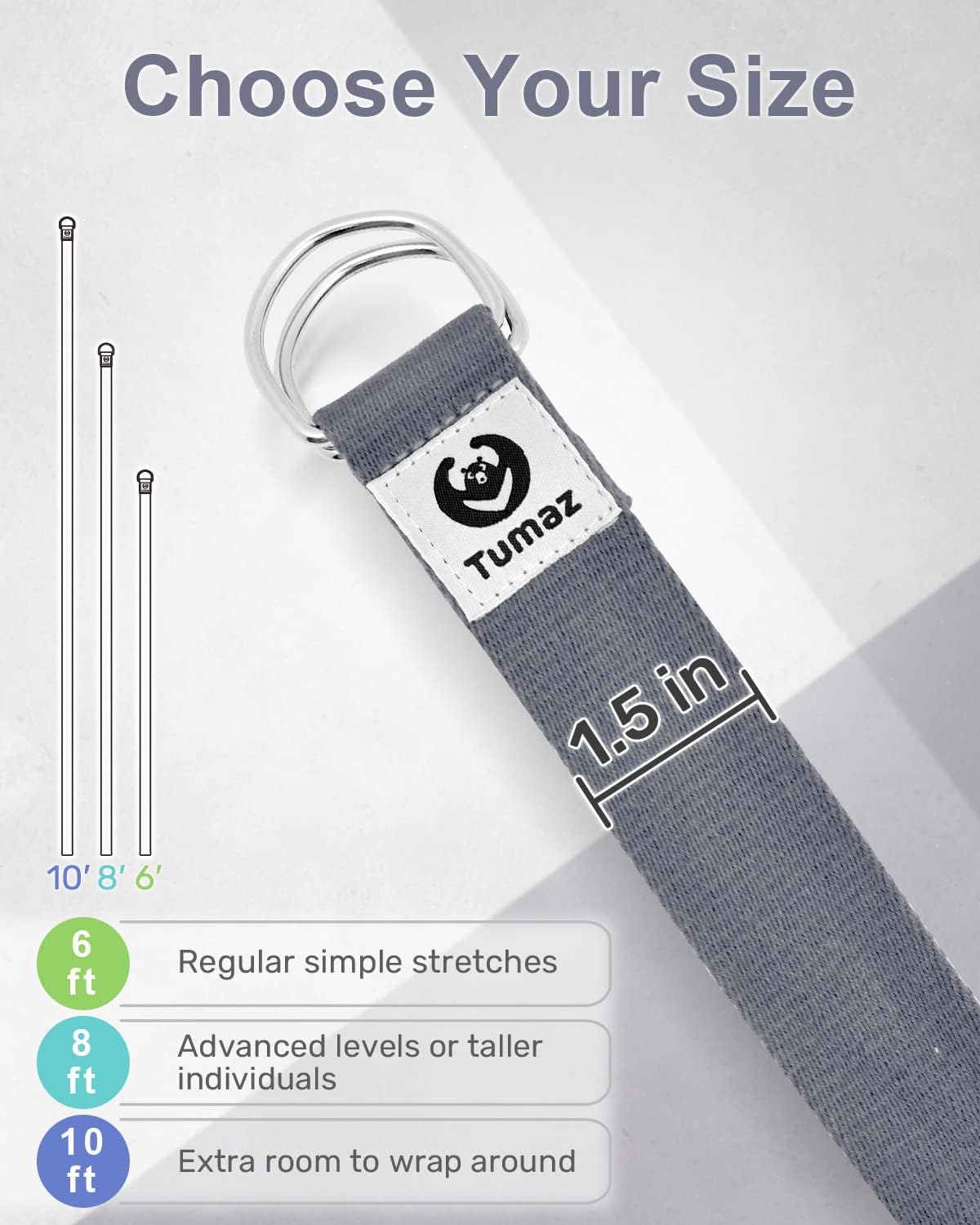 Tumaz Yoga Strap/Stretch Bands [15+ Colors, 6/8/10 Feet Options] with Extra Safe Adjustable D-Ring Buckle, Durable and Comfy Delicate Texture - Best for Daily Stretching, Physical Therapy, Fitness