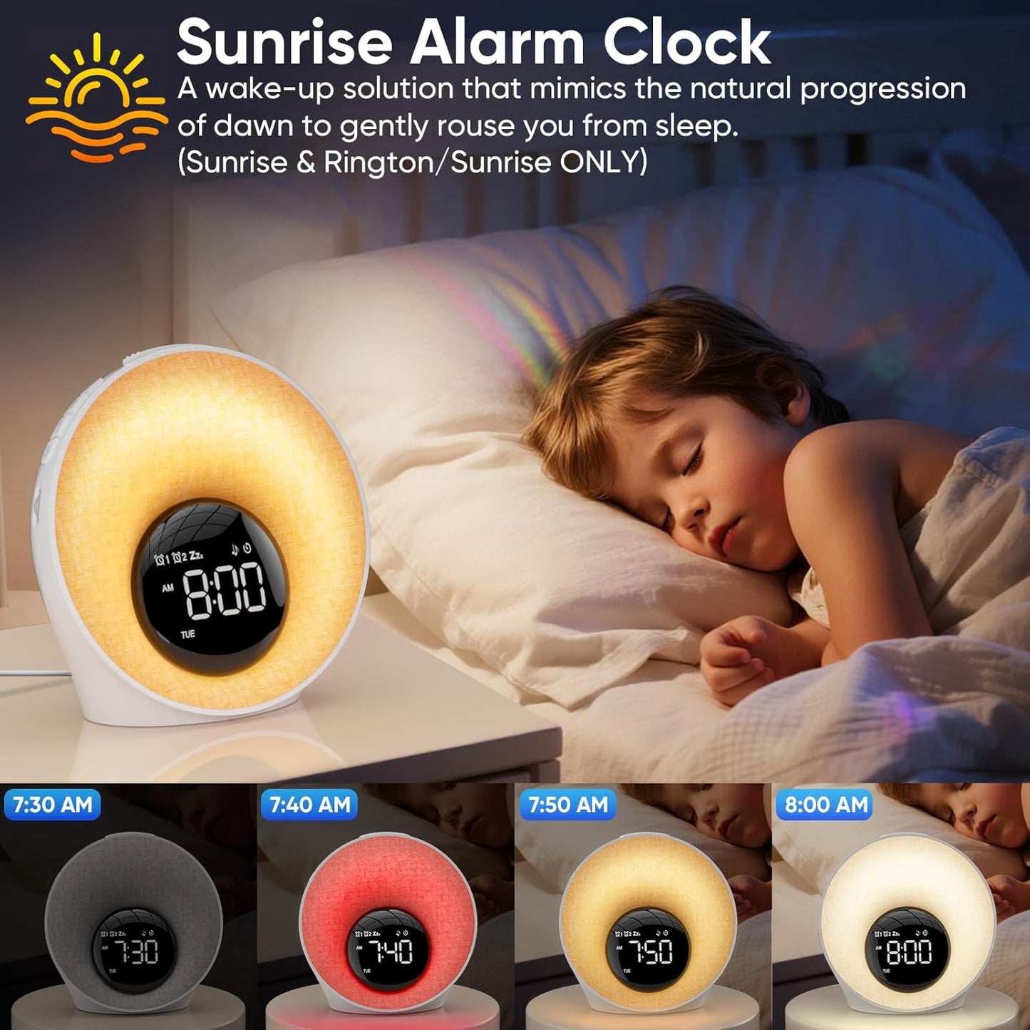 AFEXOA Sunrise Alarm Clock with Wake Up Light, White Noise Machine with 30 Soothing Sounds, 8 Color Dimmable Night Light, Dual Alarms for Heavy Sleepers/Adults/Kids