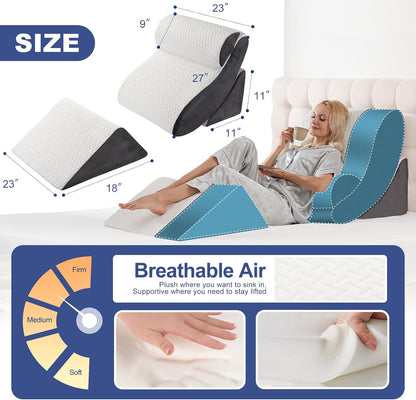 4PCS Orthopedic Bed Wedge Pillow Set for Sleeping, Post Surgery Foam Support Pillows for Back, Neck and Leg Pain Relief, Adjustable Triangle Pillow – Acid Reflux, GERD & Snoring Recovery, White Grey