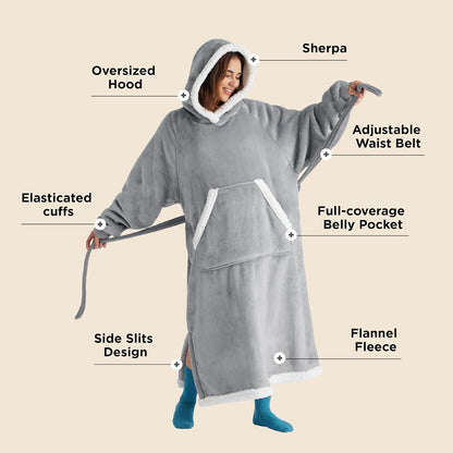 Bedsure Wearable Blanket Hoodie, Long Hooded Blanket Sweatshirt as Mothers Birthday Gifts for Women, Cozy Sherpa Hoodie for Adult, Standard, Grey