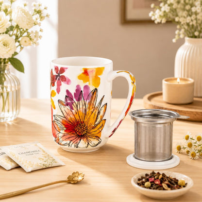 GBhome Tea Mug with Infuser and Lid, 18 Ounce Large Ceramic Loose Leaf Cup, Microwave, Dishwasher Safe, Perfect for Tea Lovers