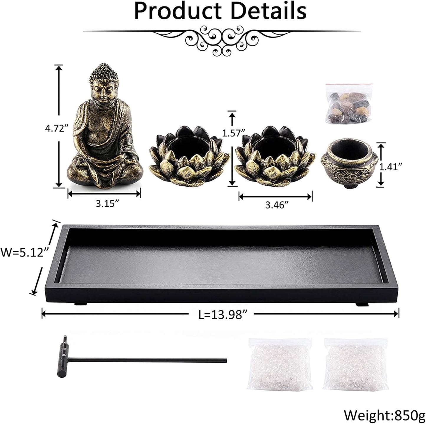 Jovivi Zen Garden Set Buddha Statue w/Tealight Candle Holder, Rocks & Incense Burner Holder & Wood Tray for Yoga Meditation Home Table Decor Gift