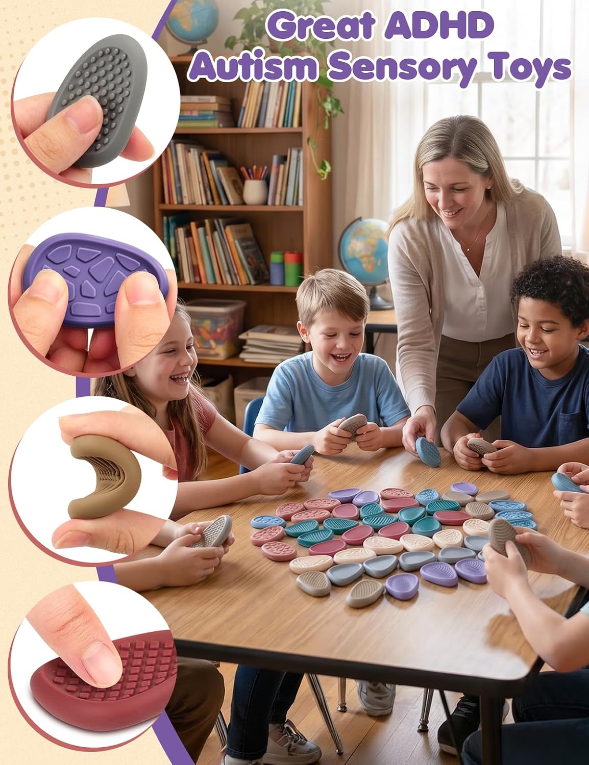 Fidget Toys Adults Sensory Stone: 8 Pack Texture Worry Stone for Kids Calming - Sensory Autism Toys for Stress Relief - Quiet Small Fidgets for Classroom Prizes