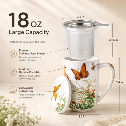 AmorArc Porcelain Tea Mug with Infuser and Lids, 18 Oz Large Cup Strainer with Bag Holder for Loose Leaf Tea, Steeping Coffee Mug for House-warming Wedding Birthday Gift