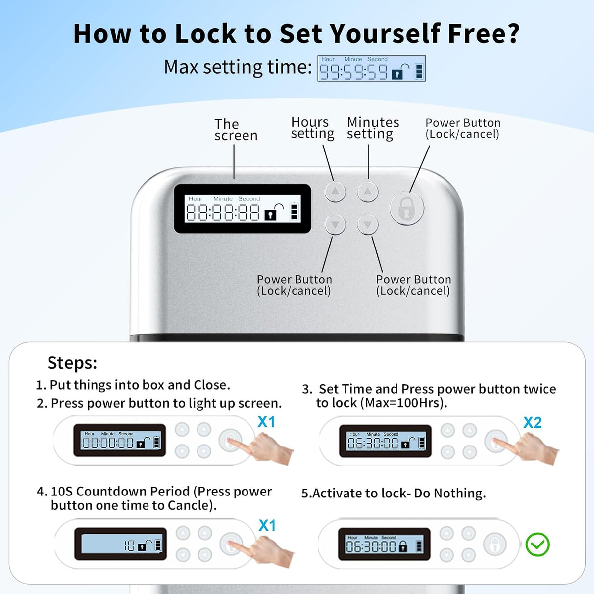 iDiskk Silver Metal Timed Phone Lock Box, Self-Control Timer Locker